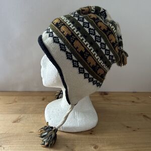 PERIGEE Sportswear Ear Flap Hat Vtg Brown/Green Knit Wool Beanie w Fleece Lining